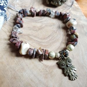 Handmade Boho Owl & Stones Stretch Boho Bracelet